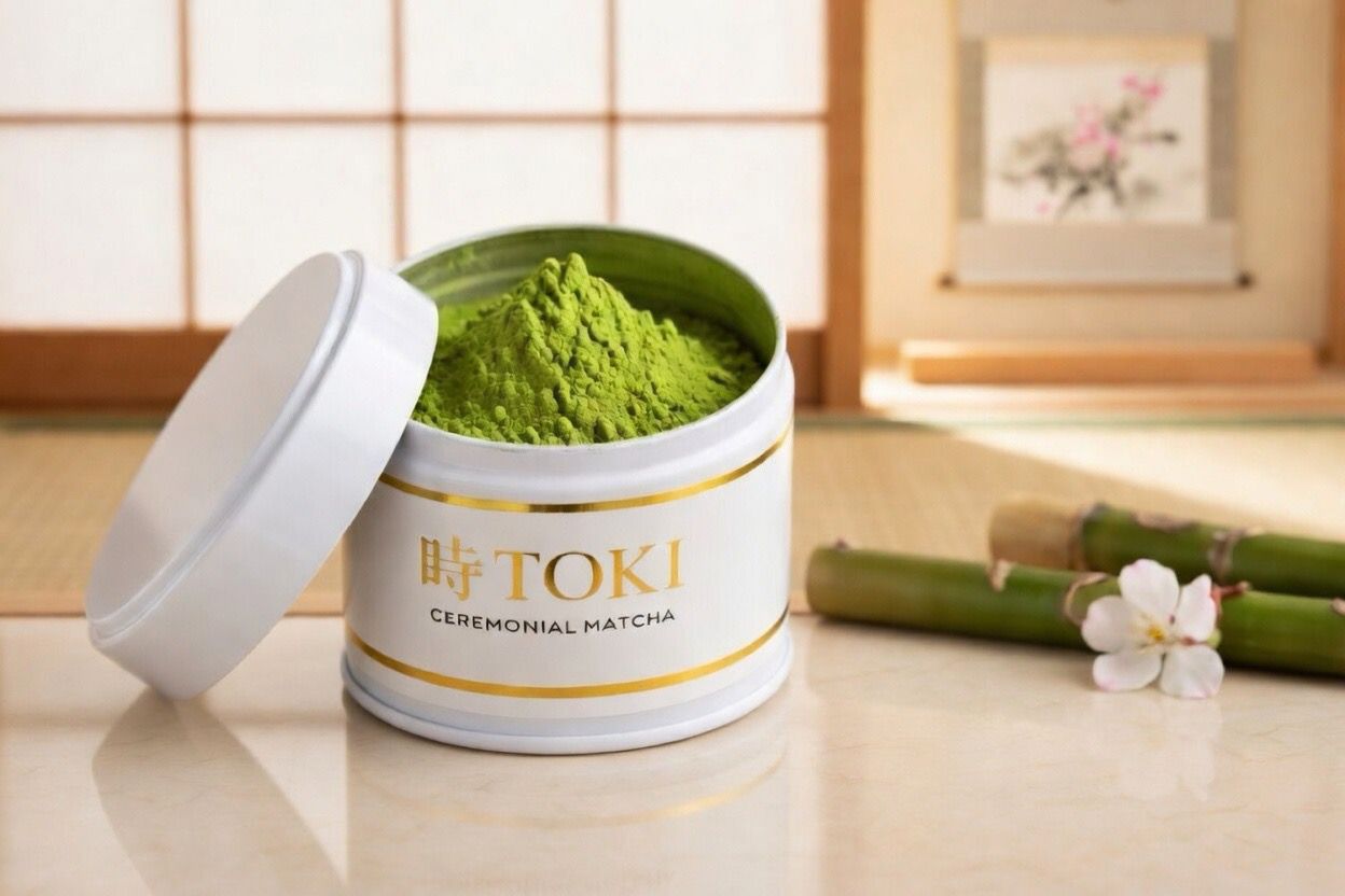 Lata TOKI Ceremonial Matcha abierta sobre tatami con bambú y flor de cerezo